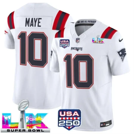 Drake-Maye-Patriots-White-Bowl-LX-USA-250-Patch-Limited-Jersey-Stitched