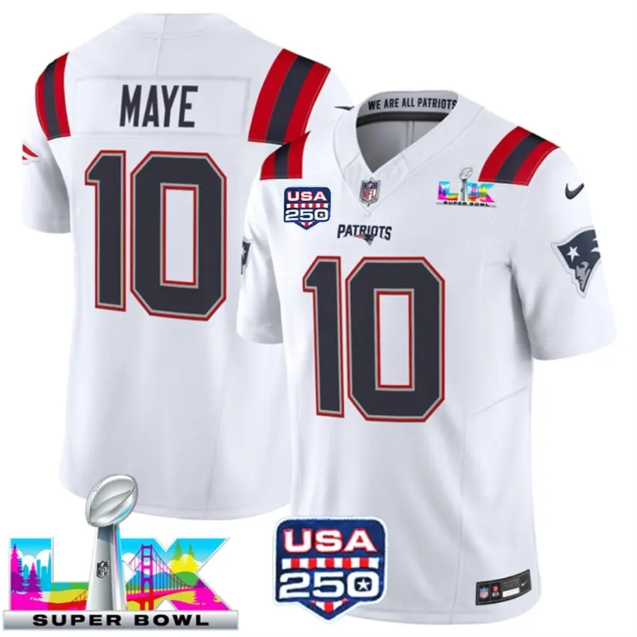 Drake-Maye-Patriots-White-Bowl-LX-USA-250-Patch-Limited-Jersey-Stitched