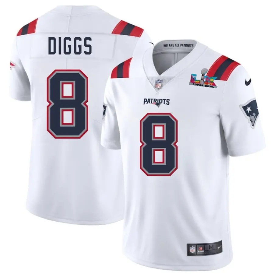 Patriots #8 Stefon Diggs 2026 Bowl LX Patch White Limited Jersey