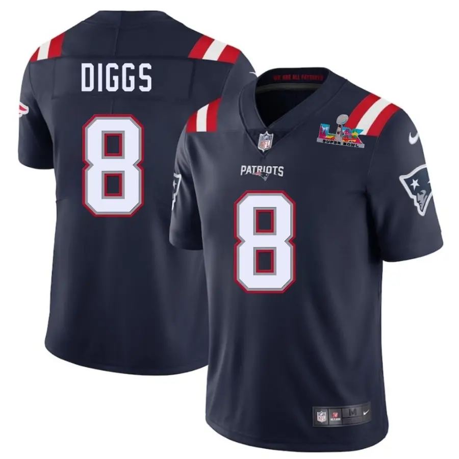 Patriots #8 Stefon Diggs 2026 Bowl LX Patch Navy Limited Jersey