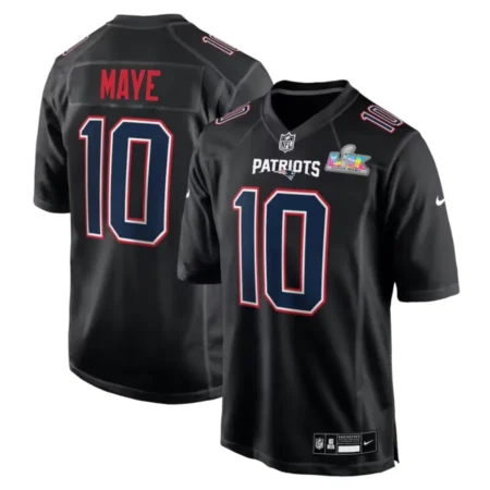 Patriots Drake Maye Black Bowl LX Patch Carbon Fashion Game Jersey