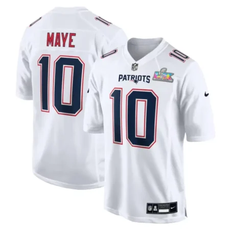 Patriots Drake Maye White Bowl LX Patch Tundra Fashion Game Jersey