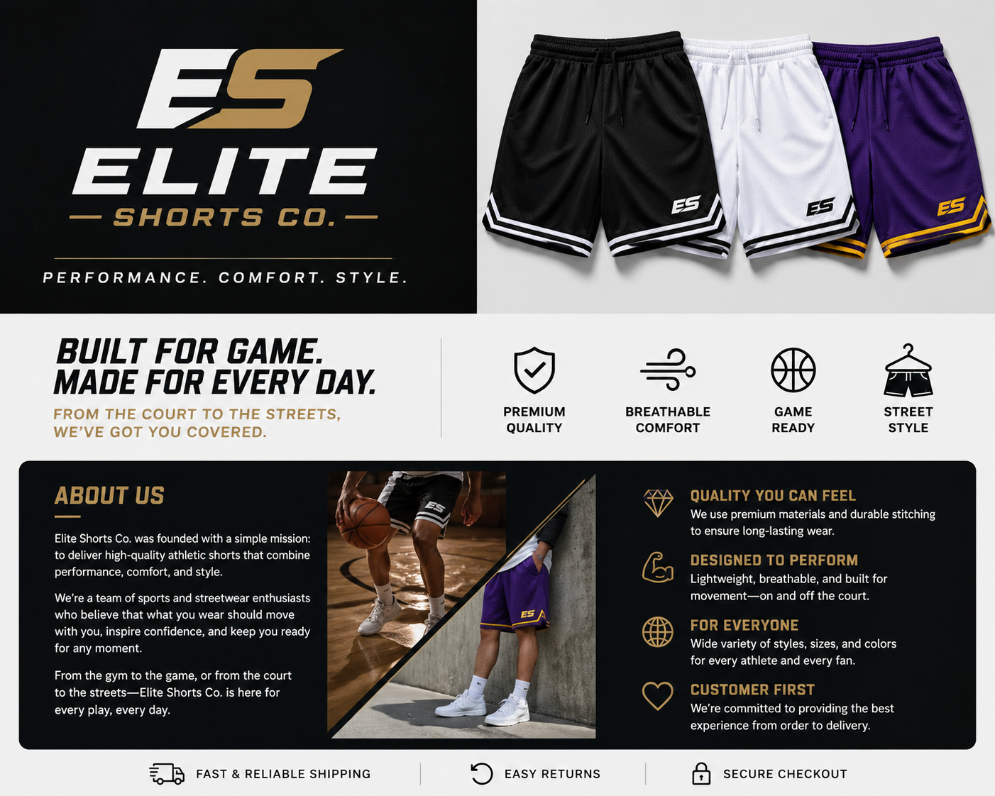 Elite Shorts Co., logo concept + slogan + About Us